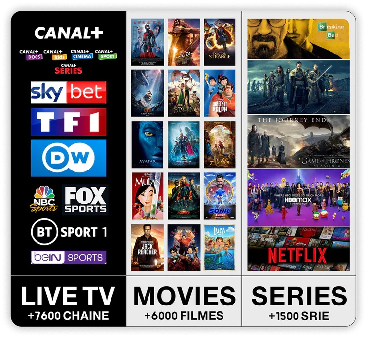 IPTV channels available: Canal+, Sky, TF1, DW, beIN Sports, Fox Sports, Movies and Series